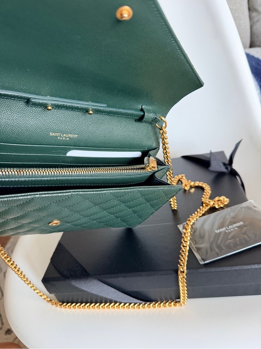 Saint Laurent Green Quilted Chevron Leather Wallet with Gold YSL Logo - Picture 4 of 5